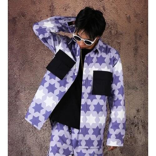 Fashion shirt men long sleeve shirt teenage korean Printed patch pocket shirt mens personality stage singer dance b625