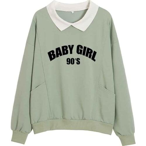 Collar Sweatshirt Green Hoodie Cute Long Sleeve Pullover Letter Print 90s Clothes Vintage Spring Autumn Kawaii Sweatshirt