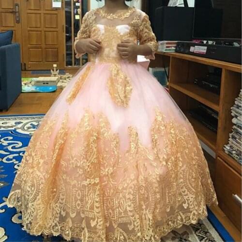 Gorgeous Flower Girl Dress Golden Lace Appliques Big Bow Glitz Princess Dress Kids Birthday Gown First Communion Dress