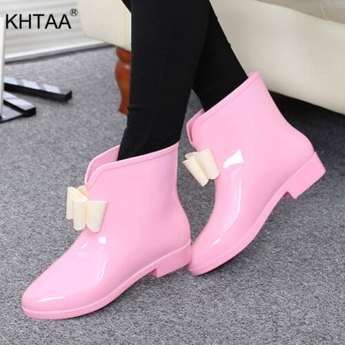 Women Spring Rain Boots Rubber Boots Flower Bowtie Ankle Boot Female Waterproof Solid Shoes Baby Rain Shoe Lady Casual Footwear