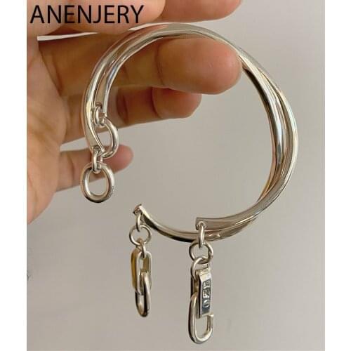 ANENJERY 925 Sterling Silver Thai Silver Bangle Bracelet for Women Lock Hook Chain Chunky Bracelet New Styles S-B468