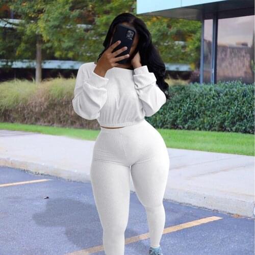 2 Pcs Set Women Autumn Clothing Sport Tight Set Long Sleeve Solid Elastic Ribbed Top + High Waist Pants Female Fitness Tracksuit