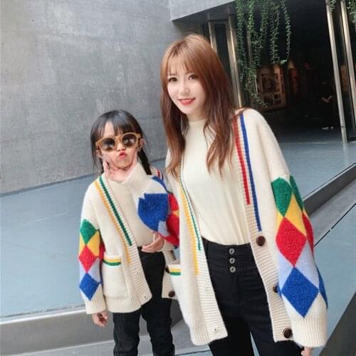 Family Matching Outfits Winter Fashion Color Matching Thick Knitted Sweater Cardigan for Mother Daughter Family Look Mom and Me