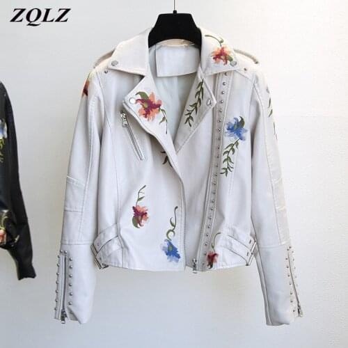 ZQLZ Spring Autumn Faux Leather Jacket Women 2021 Floral Embroidery Streetwear Motorcycle Black Punk Outerwear Biker Jacket