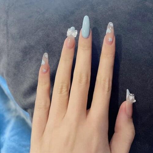 24Pcs/Set Blue Fake Nails Long Coffin Removable Nail Sliders Simple 3D Bow Design ​Accessories Nails Supplies For Professionals