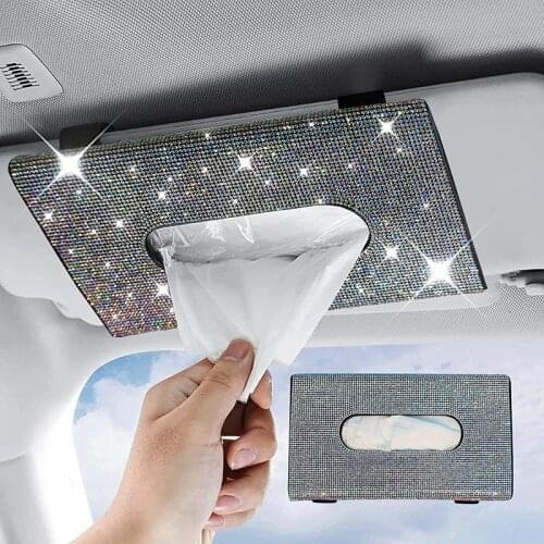 Bling Car Tissue Box Holder, Rhinestone Sparkly Disposable Sun Visor Napkin Dispenser PU Leather Case Car Accessories for BMW