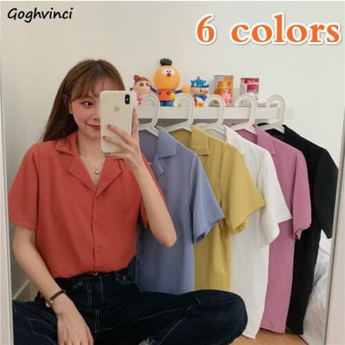 Blouses Shirts Women Summer Solid Candy Color Leisure All-match Vintage France Womens Tops Chic Elegant Notched Retro Ulzzang