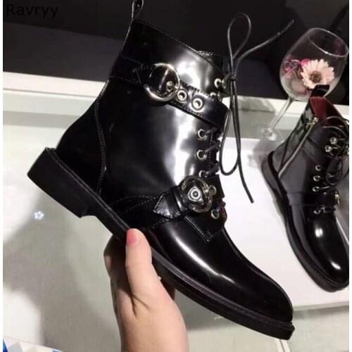 Spring Autumn Fashion Woman Black Ankle Boots Lack Up Short Boots Ankle Buckle Decor Street Style Female Motorcycle Short Boots