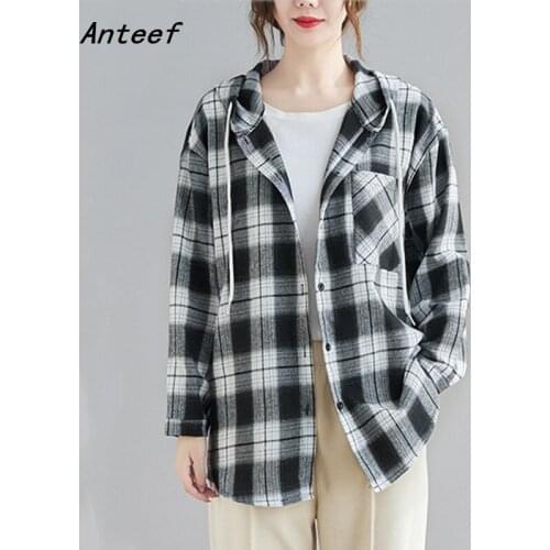 Long sleeve cotton vintage plaid hooded blouse Casual loose spring autumn tops women 2021 blouses button up shirt clothing
