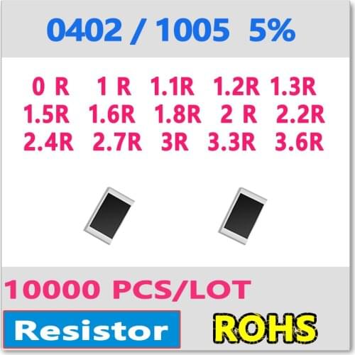 JASNPROSMA 0402 J 5% 10000pcs 0R 1R 1.1R 1.2R 1.3R 1.5R 1.6R 1.8R 2R 2.2R 2.4R 2.7R 3R 3.3R 3.6R smd 1005 1R1 1R2 OHM Resistor