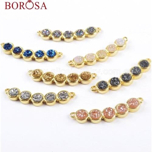 BOROSA 5PCS Mix Colors Round Druzy Beads Gold Bezel Connectors Colorful drusy Double Charms for Necklace Bracelet Jewelry WX1036