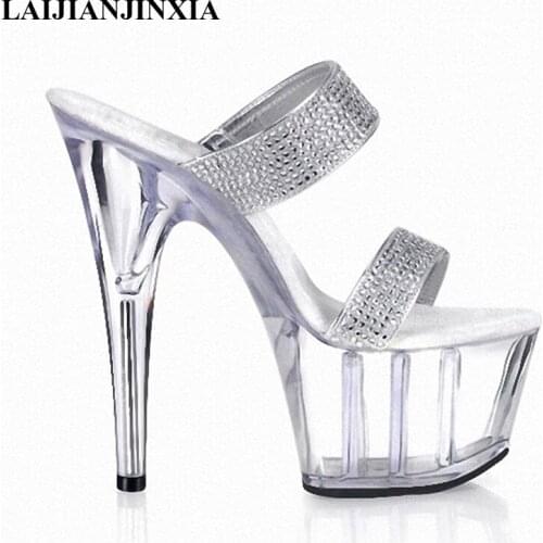 LAIJIANJINXIA New Sexy Fashion Woman Slippers Clear Strap Heels Rhinestone Shoes Women Platform Heels Nice Slippers
