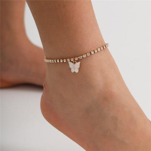 Trendy Butterfly Anklet Rhinestone Chain Feet Jewelry for Women Simple Summer Beach Ankle Bracelet Animal Barefoot Accessories