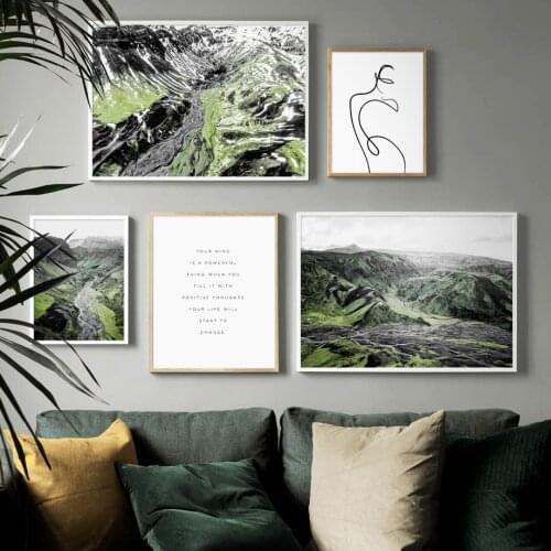 Wall Art Canvas Painting Green Mountain Line Girl Quotes Nordic Posters And Prints Landscape Wall Pictures For Living Room Decor