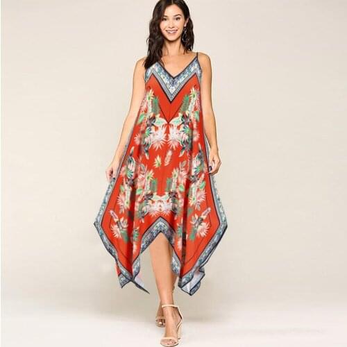 European and American new womens clothes 2021 summer irregular retro printed suspender dress loose floral skirt