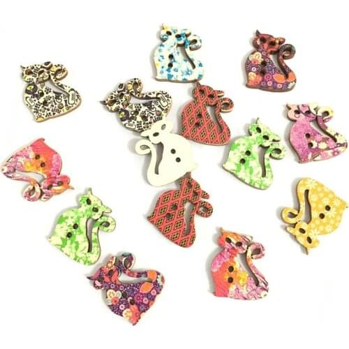 50PCs Random Mixed Decorative Buttons Lovely Cat 2 Holes Sewing Wooden Buttons For DIY,Sewing 7NK209