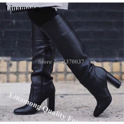 Linamong Women Elegant Round Toe Knee High Chunky Heel Boots Black Brown Leather Thick High Heel Boots Formal Dress Shoes
