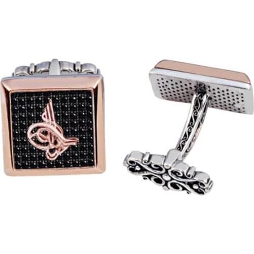 Silver Black Zircon Stone Tuğralı Square Cufflinks