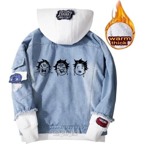 Anime Demon Slayer hoodie Kimetsu no Yaiba Kamado Tanjirou cosplay coat Denim jacket for men winter women warm Jeans sweatshirts