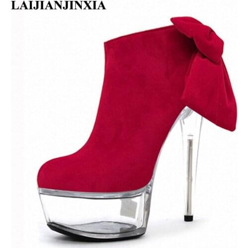 Party Queen:35-46 Autumn/Winter sexy 15cm thin high heels Flock Bowtie Riding boots platform shoes women pumps botas mujer