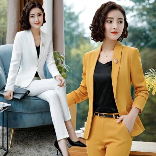 IZICFLY Spring Formal Pant Suit Office Lady Uniform Designs for White Blazer Women Suits Business Long Femme Work Wear Plus Size