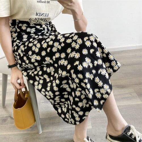 Women Fashion Skirt Knee Length Floral Print Empire High Waist England Style Casual Elegant A-Line Skirt Black White
