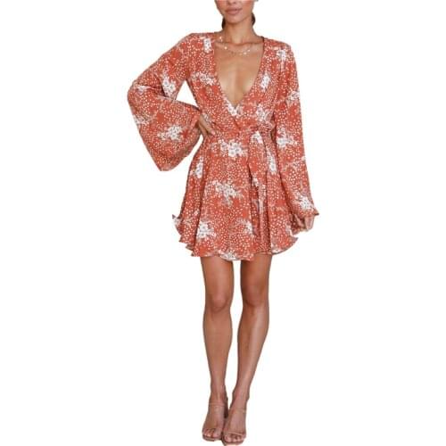 Women Sexy Tie-up Bohemian Dress, Adults Flower Print Flared Sleeve V-neck Dress (Red, Green, Apricot)