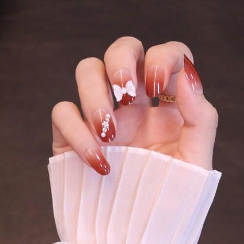 24pcs Red Gradients Wear Long Paragraph Fashion Manicure Patch False Nails Save Time Wearable Nail Patch NE