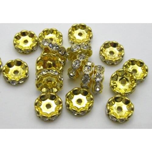 50pcs Golden Flower Rhinestone Rondelle Spacers Beads 10mm