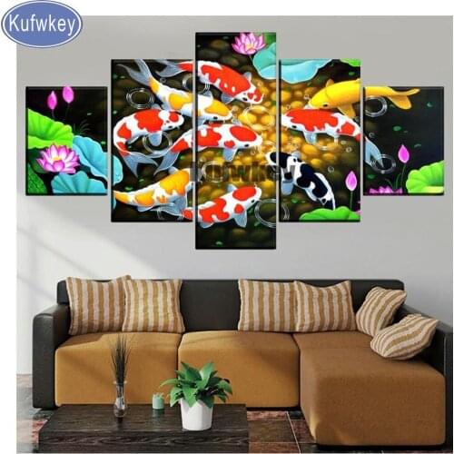 Kufwkey Mosaic Diamond embroidery Koi and Lotus Flower Cross Stitch Diamond Painting 5 Pieces diamond pictures For Modern decor