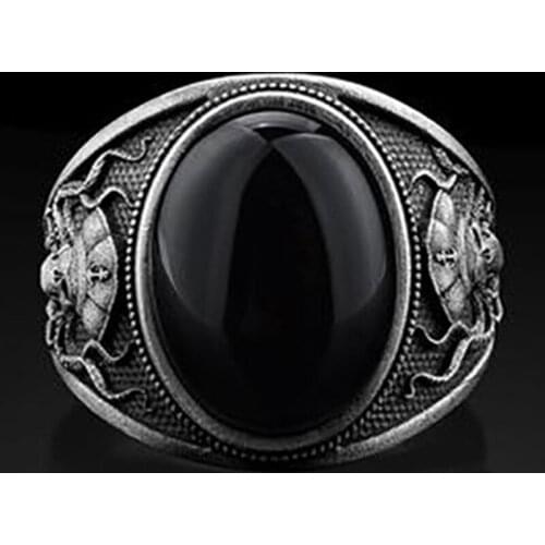 Bohemia Vintage Engraved Octopus Animal Rings for Women Men Silver Color Oval Black Crystal Wedding Ring Hip Hop Rock Jewelry