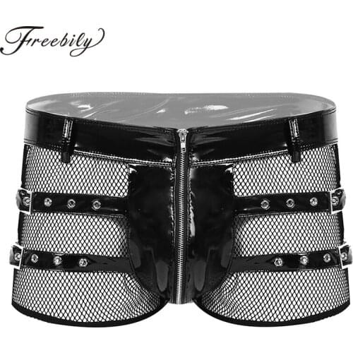 Men Wet Look Patent Leather Boxers Underwear Sexy Latex Sheer Fishnet Spliced Zip Up Boxer Shorts Gay Club Pole Dance Hot Shorts