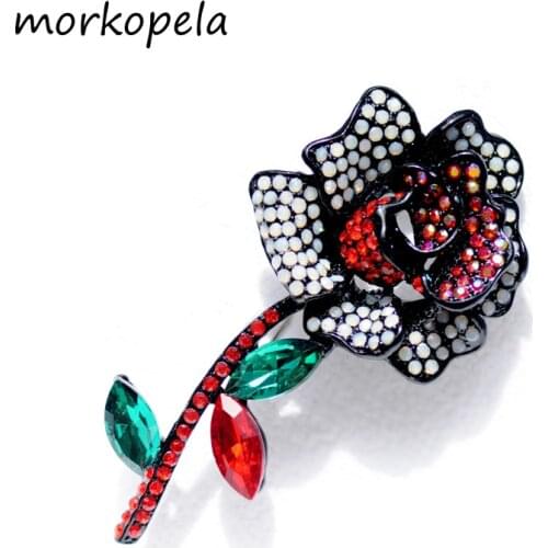 Morkopela Black Rose Crystal Brooch Jewelry Big Flower Rhinestone Brooch Pin Scarf Clip Clothes Accessories