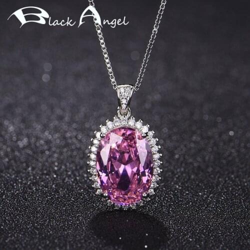 BLACK ANGEL High Quality 925 Silver Luxury Oval Red Pink Gemstone Shiny CZ Pendant Necklace for Women Jewelry Clavicle Chain