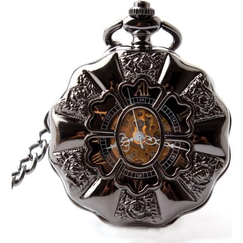 Black Full Steel Luminous Mechanical Pocket Watch Steampunk Vintage Hollow Analog Skeleton Hand Winding Mechanical Pocket Watch