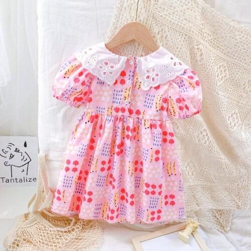 Summer New Korean Lace Lapel Clothes Cherry Princess Casual Dresses Kids Cute Fruit Dress Children Pink Clothing kids clothes