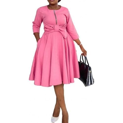 New Solid Color Three-quarter Sleeve Bow Zipper O Neck Elegant Women Dress Office Modest Work Wear Dress African Plus Size S-3XL