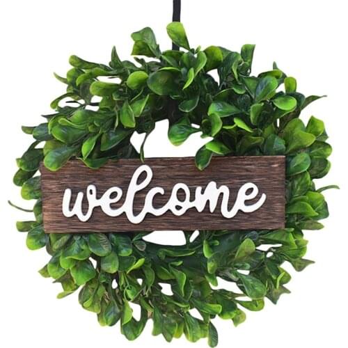 Artificial Boxwood Wreath 12 Inch Welcome Wreath with Wooden Sign for Front Door Window Wall Wedding Home Decoration