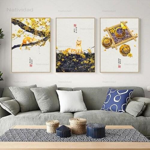 Japanese Style Canvas Painting Boat Lantern Leaves Landscape Posters Wall Art Chinese Picture for Living Room Decor No Frame