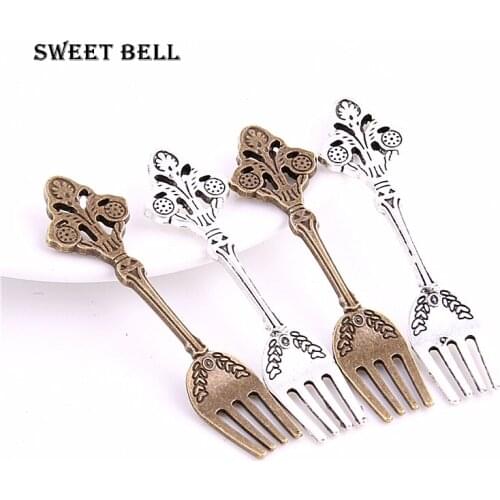 SWEET BELL 20pcs 12*63mm fork Charms two color fork Pendants Antique Jewelry Making DIY Handmade Craft D6144