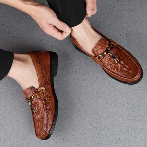 Man Genuine Cow Leather Casual Shoes Crocodile Skin Soft Moccasins Anti-Slip Flat Loafers Drive Shoes