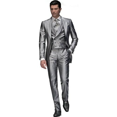 Newest Shiny Silver satin Gray Groom Tuxedo Groomsmen Wedding/Dinner/Evening Suits Best Man Bridegroom (Jacket+Pants+Tie+Vest)