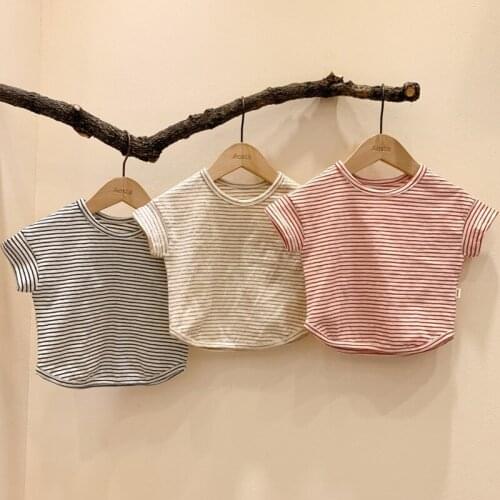2021 Summer New Casual Stripe Baby T Shirt Soft Cotton Boys Short Sleeve Tops Girls Striped T Shirt Kids Tee Clothing