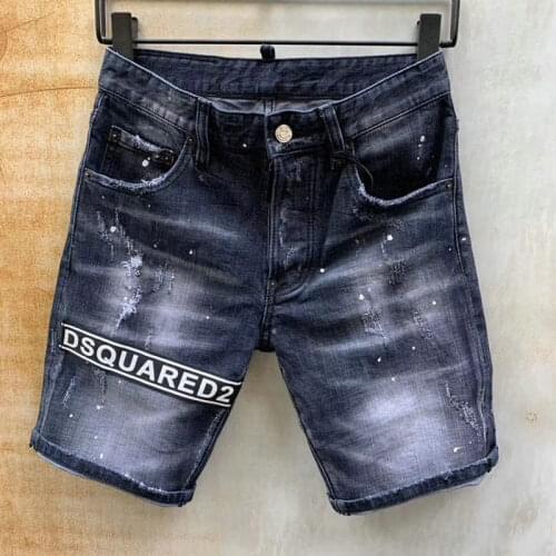 New Dsquared2 Black Denim Shorts Fashion Slim Micro-Elastic Washed And Worn Paint D2 Jeans Men