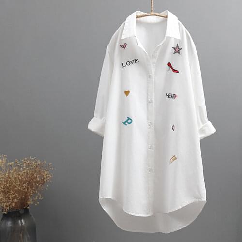 2019 autumn new 100% cotton women letter embroidery white shirts office lady long loose casual blouse outwear tops