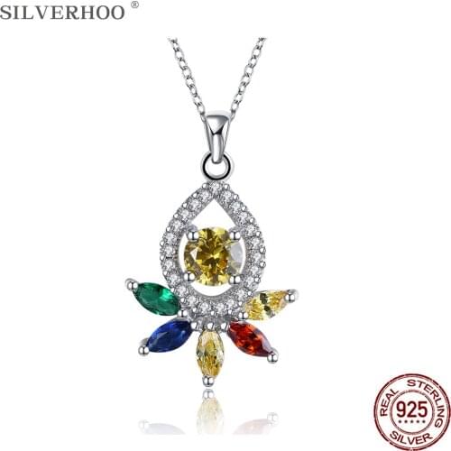 SILVERHOO 925 Sterling Silver Trendy Flower Pendant Necklace Women Dazzling Cubic Zirconia Necklace Charms Anniversary Jewelry