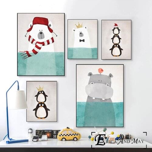 Hippo Bear Penguin Christmas Animals Canvas Prints Modern Painting Posters Wall Art Pictures For Kids Room Decoration No Frame