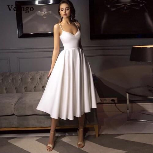 Verngo Simple A Line Short Wedding Dress Spaghetti Straps Waist Pearls Tea Length Bridal Party Dresses Bride Formal Dress