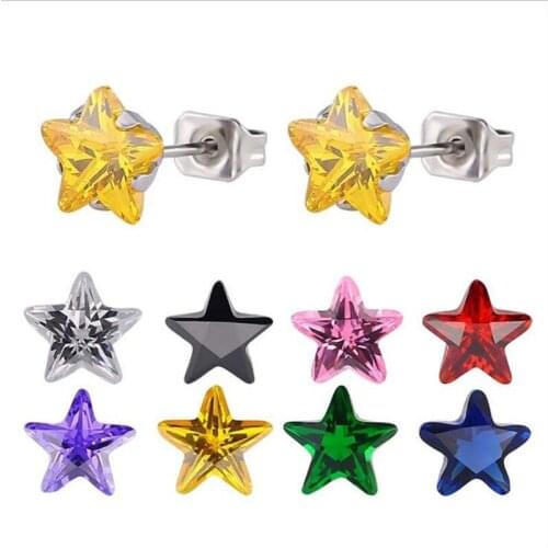 Pe105 316L Stainless Steel Stud Earrings Size 7mm Classic Star Shape Colorful AAA Zircon Vacuum Plating No Fade Allergy Free