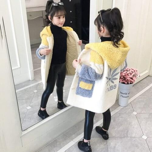 5-14 Y of Teens Girls' Woolen Jacket Coat Autumn 2021 New Kids Childrens Hooded Fake Fur Winter Wool Cotton Blends Outwear